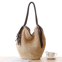 Fashion Straw Shoulder Bags New Women Simple Weaving Tassel Bucket Handbag Women - £43.71 GBP