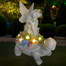 Solar Turtle Garden Outdoor Statues Turtle with Angel Lights Lawn Decor ... - $37.77