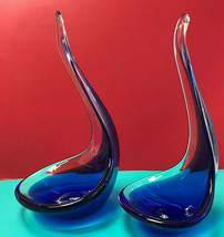 Beautiful! Blue Swirl Glass Art Sculpture Ladle Spoon Candy Dish Pair Decorative - £31.92 GBP
