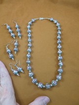 V-285 Aqua Blue Cloisonne bead silver 21&quot; Necklace + 3 pairs dangle earrings set - £82.65 GBP
