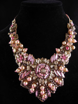 Fabulous Pink statement necklace  - hand beaded bib - pearls and rhinestones - v - £131.58 GBP