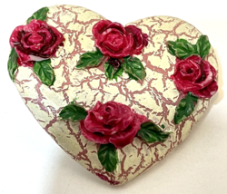 Vintage Crackled Heart Pin 3D Red Roses Brooch Flower Love Valentine 1.75&quot; - £11.46 GBP