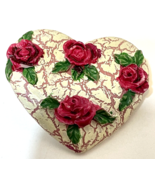Vintage Crackled Heart Pin 3D Red Roses Brooch Flower Love Valentine 1.75&quot; - £11.62 GBP
