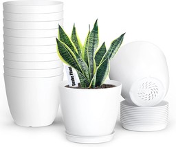 White 6 Inch Modern Plastic Planters With Drainage Holes And Saucers, 12 Pack. - £32.00 GBP
