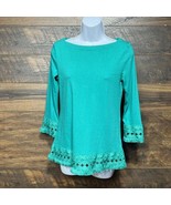 TALBOTS Top Women’s Small Green 3/4 Sleeve Pima Cotton Boho Fringe Shirt - €8,87 EUR