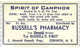 1 Vintage Gummed Label Spirit Of Camphor Russell&#39;s Rexall Pharmacy Cornith N.Y. - £18.14 GBP