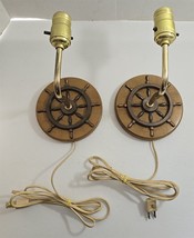 2 (1 Pair) Vtg Nautical Ships Wheel Wooden Bopper Brass Electric Wall Sconces - £38.11 GBP