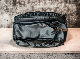 Black Vegan Leather Vintage Retro Clutch Purse Rosette Ruffled Taiwan Zip Close - £20.44 GBP