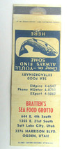 Bratten&#39;s Sea Food Grotto  Salt Lake City Ogden, Utah Restaurant Matchbook Cover - £1.36 GBP