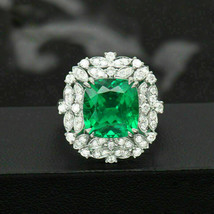 14K White Gold Plated Silver 3Ct Simulated Emerald &amp; Diamond Engagement Ring - £76.97 GBP