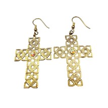 Pierced Filigree Cross Earrings Sparkly Rhinestone Gold Tone Religious T... - $7.91