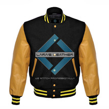 Top College Baseball Varsity Black Wool Jacket/Gold Real Leather Sleeve XS-7XL  - £72.78 GBP+