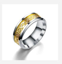 Silver &amp; Gold Geometric Titanium Stainless Steel Ring Size 5 6 7 8 9 10 11 12 14 - £31.71 GBP