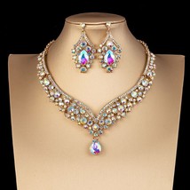 Crystal AB Color Choker Necklace Earrings Set Rhinestone Bridal Jewelry Sets for - £25.84 GBP