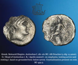 281-261 BC Grec Seleucid Empire Antiochus I Soter Ar Argent Drachm 3.18g Pièce - £77.68 GBP