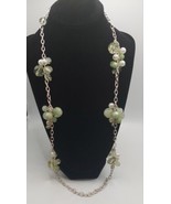 JEWELRY Vtg Necklace Silvertone Bead Clear, Green Crystal and Pearl 34&quot; ... - $9.90