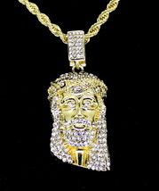Iced CZ Jesus Pendant Hip Hop Fashion 14k Gold Plated w/ 24&quot; Rope Chain - £6.87 GBP