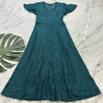 Dawn Joy Womens Vintage 90s Lace Maxi Dress Size M Teal Green Sheer Flutter - £27.51 GBP