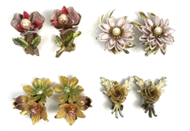 Vintage Clip On Earring Lot Flower Roses Enamel Pearl Rhinestone Floral - €31,02 EUR
