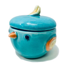 Vintage Blue Bird Yellow Tailed Lidded Crackle Glaze Ceramic Trinket Box Jar - £17.36 GBP