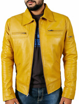 Genuine Lambskin Handmade Stylish Casual Motorcycle Yellow Men&#39;s Leather Jacket - £84.51 GBP