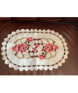 Cream Nylon Oval w Abstract Leaf Edge &amp; Embroidered Pink Flowers in Cent... - $11.29