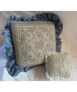 2 Vintage Handmade Crochet Lace Covered Blue Pillow  Decorative 12&quot;  &amp; 6... - $15.00