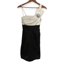 Vintage 90s Satin Party Dress S Rosette Evening Black White Rhinestones ... - $29.69