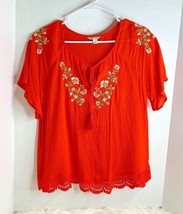CATO Womens Sz S Orange Top Shirt Short Sleeve Tie Collar Embroidered Lace Hem - £9.34 GBP