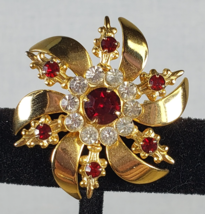 Vintage 1970’s Ruby Red Rhinestone Atomic Star Gold Tone Flower Brooch - $28.67