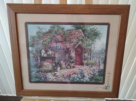 Barbara Mock Home Interiors Print Framed Matted Garden Shed Birdhouse Flowers - £48.88 GBP