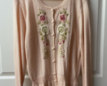 Grandmacore Cardigan Sweater Embroidered Floral Knit Size Small  Peach V... - £19.69 GBP