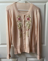 Grandmacore Cardigan Sweater Embroidered Floral Knit Size Small  Peach V... - $25.15