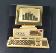 Vintage AJC Signed Desktop Computer w/Rhinestons Pin Brooch Gold Tone - £21.32 GBP