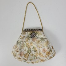 Vintage Womens Change Purse Bag Cream Beaded Floral Embroidery Handbag w/ Mirro - $116.53