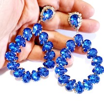 Rhinestone Statement Earrings, Chandelier Drop Earrings, Blue Pageant Earrings,  - £30.03 GBP