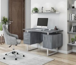 Modern Gray Fiberboard &amp; Steel Computer Writing Desk with Drawers &amp; Stor... - £186.92 GBP