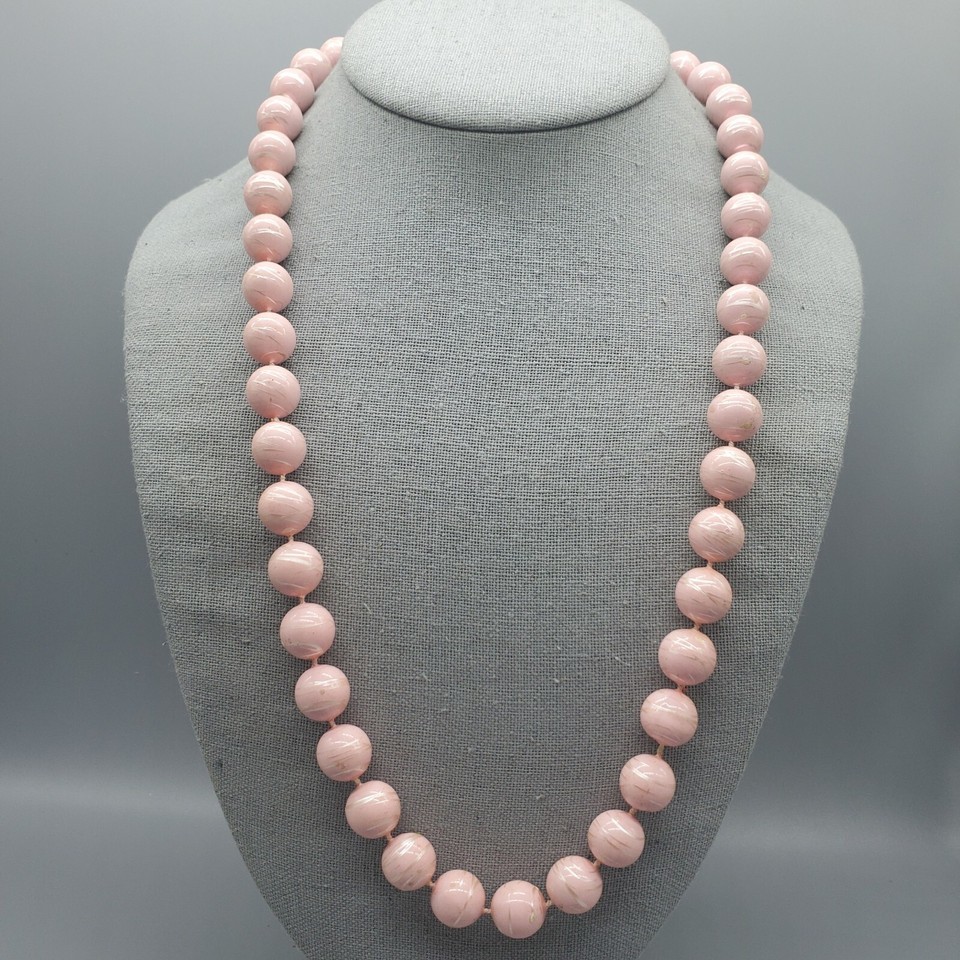 Vintage Pink Beaded Necklace Single Strand Gold Tone Banding Retro 24&quot; L... - $19.99