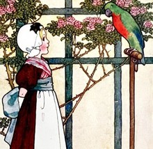 Girl Talking To Parrot 1906 Lithograph Art Print 6 x 4&quot; MilIicent Sowerby DWZ3D - £23.76 GBP