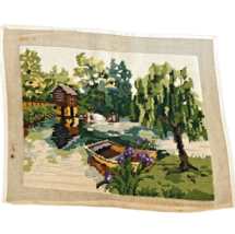 VTG Wool Needlepoint Ottoman Stool Cover Pillow Handmade Watermill Boat Scene - £23.97 GBP