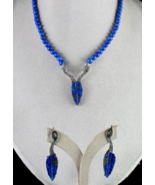 NATURAL LAPIS LAZULI LEAF DIAMOND SILVER 18K GOLD VICTORIAN PENDANT EARR... - £432.85 GBP