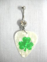 NEW LUCKY 3 LEAF CLOVER PRINTED GUITAR PICK w CLEAR CZ BELLY BUTTON NAVE... - $3.99