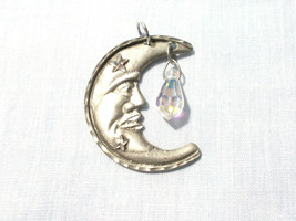Lunar Crescent Moon With Engraved Stars And Crystal Pewter Pendant Necklace - £26.05 GBP