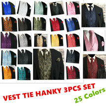 3PCS Set Men Paisley Dress Vest Waistcoat &amp; Necktie and Hanky for Suit or Tuxedo - £19.67 GBP+