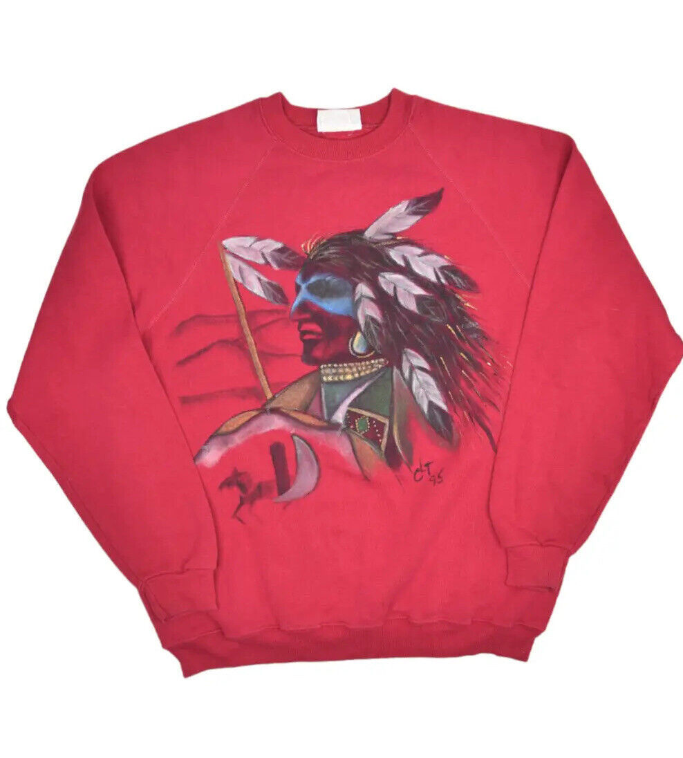 Primary image for Vintage Native American Indian Sweatshirt Mens XL Red Raglan Air Brush Crewneck