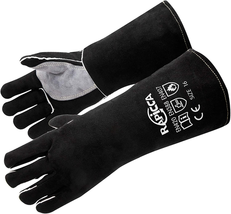Welding Gloves Fire Heat Resistant: Black 14IN - Fireproof Leather for Stick Mig - £20.45 GBP