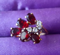 Ladies Red Ruby &amp; Simulated Diamonds Cluster Ring Size 8 Excellent Condition - £13.88 GBP