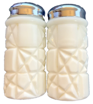 Fenton Block and Star Milk Glass Salt and Pepper Shakers.  Fenton Sticke... - $14.84