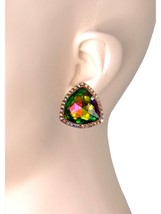 1.25" Drop Triangular Classy Clip On Earrings Iridescent Vitrail Green Crystals - $16.15