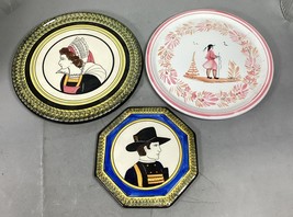 Set Of 3 Henriot Quimper Ceramic Decorative Wall Plates W/ 1 Coaster - F... - $34.64